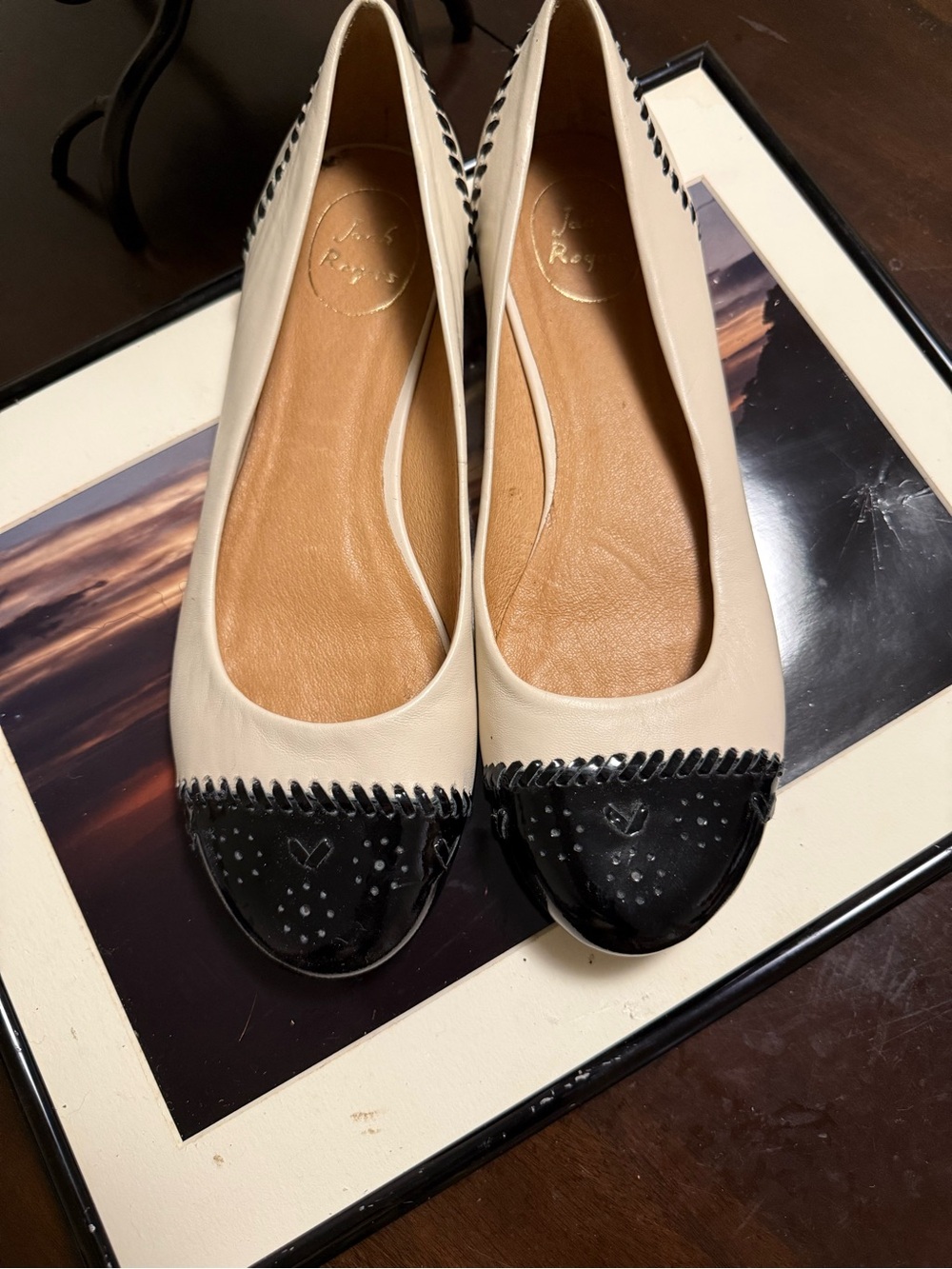 Jack Rogers Cream and Black Cap-Toe Ballet Flats